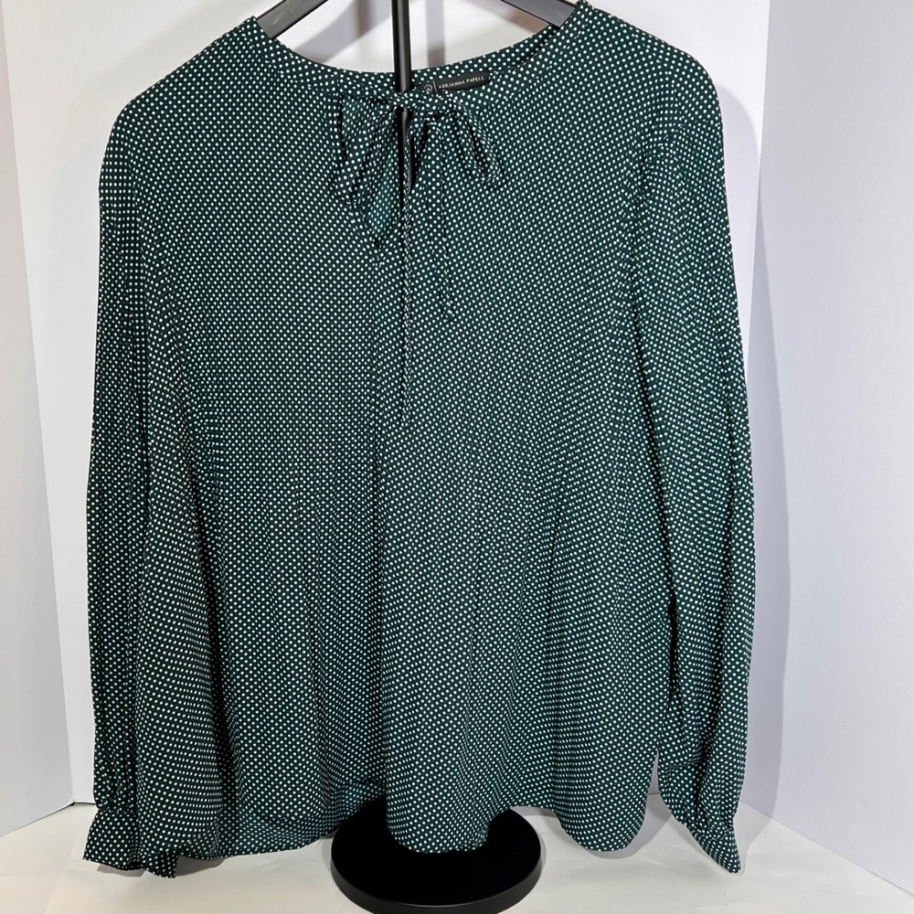Adrianna Papell‎ Green Polka Dot Tie Neck Long Sleeve Blouse